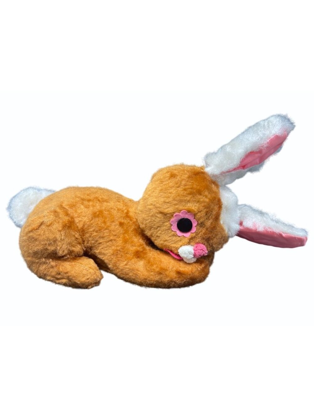Vintage 1960s 70s Brown Rabbit Plush Toy Long Ears Pink Floral Eyes